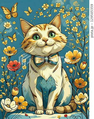 花と猫のイラスト 129585359