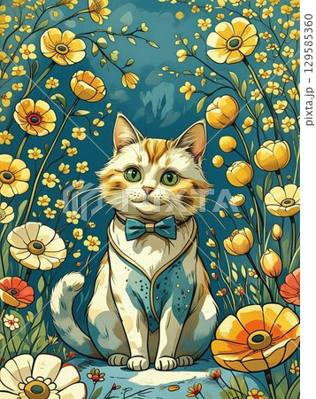 花と猫のイラスト 129585360