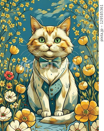 花と猫のイラスト 129585361