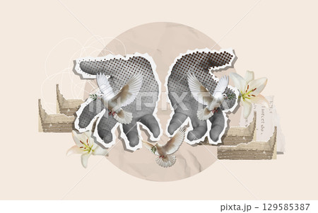 Hands and doves symbolizing peace and hope. Vector illustration 129585387