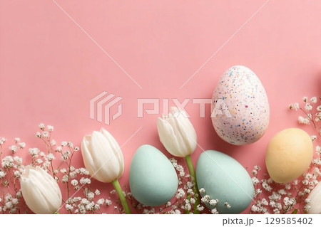 Happy Easter holiday greeting card. Bouquet of white tulips and Easter egg on pink background. Space for text Happy Easter holiday greeting card. Bouquet of white tulips and Easter egg on pink background. Space for text 129585402