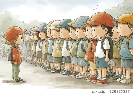 学校で防災頭巾をかぶる児童たち（整列） 129585527