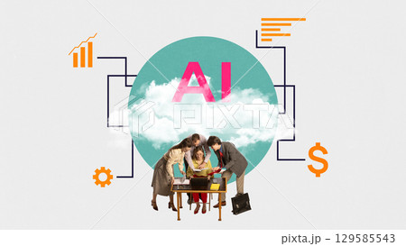 Graphic composition. Business team analyzing AI-driven financial strategy Graphic composition. Business team analyzing AI-driven financial strategy 129585543