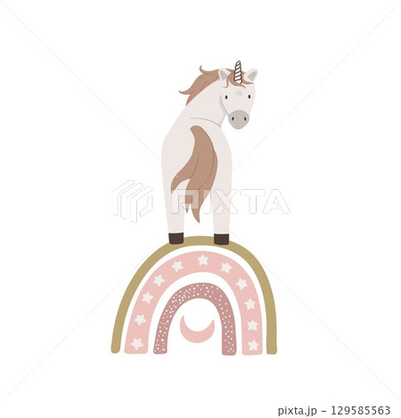 Hand drawn magic unicorn on rainbow. Cute horn vector illustration. Childish cartoon poster with fairytale animal, invitation, postcard 129585563