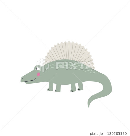 Cute green dinosaur isolated on white bacground. Cartoon funny character vector illustration. Hand drawn kids card 129585580
