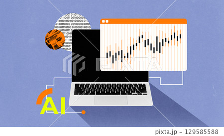 Digital artwork. AI-powered trading analytics interface on laptop screen 129585588