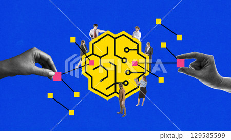 Creative collage of business team connecting data to artificial intelligence network Creative collage of business team connecting data to artificial intelligence network 129585599