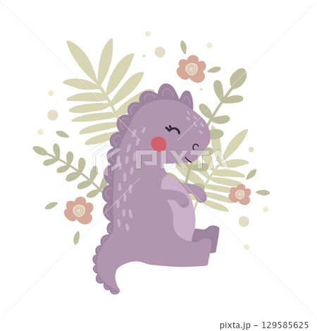 Cute little dinosaur with tropical leaves and flowers isolated on white background. Kids vector poster Cute little dinosaur with tropical leaves and flowers isolated on white background. Kids vector poster 129585625