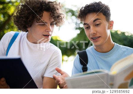 Two teens sitting in the park and studying together Two teens sitting in the park and studying together 129585692