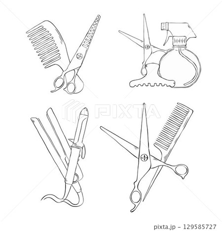 Haircut Hair treatment barber composition set. Vector graphic line ink illustration. Barber shop, retro and vintage style, design. background for banners, print for fabric, labels, t-shirt printing. 129585727
