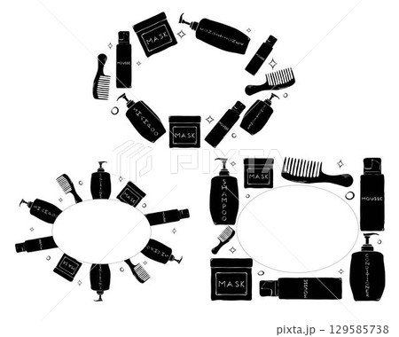 Hair treatment bottles oval frame set. Vector graphic line ink template illustration. Place for your text, logo For poster, invitation, backdrop, ad, sale promotion, print for t-shirt 129585738