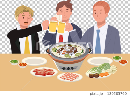 mookata thai barbecue with pork belly vegetables and colleagues enjoying drinks in a warm friendly dining scene 129585760