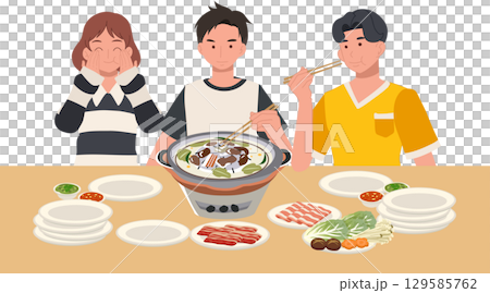 friends enjoying moo kratha thai bbq hot pot meal with grilled meat vegetables and sauces around a shared tabletop grill 129585762