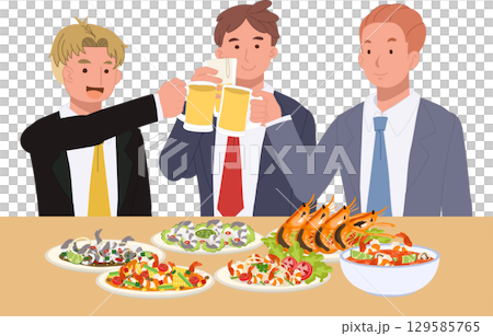 group of businessmen toasting beer and sharing seafood dishes during office party in friendly atmosphere 129585765