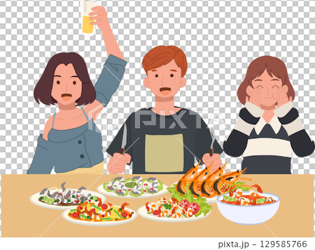 group of friends celebrating with delicious grilled shrimp seafood and colorful salads at a cozy dinner table setting 129585766