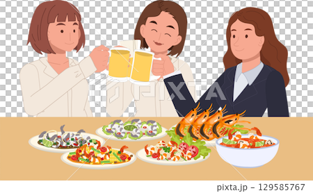 women celebrate together over beer and a variety of asian seafood dishes including shrimp platters and fresh salads 129585767