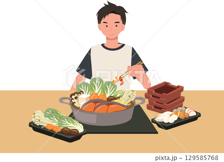 man enjoying japanese shabu shabu hotpot with sliced meat vegetables and seafood cooking at table for a cozy asian dining experience 129585768