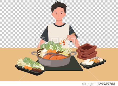 man enjoying japanese shabu shabu hotpot with sliced meat vegetables and seafood cooking at table for a cozy asian dining experience 129585768