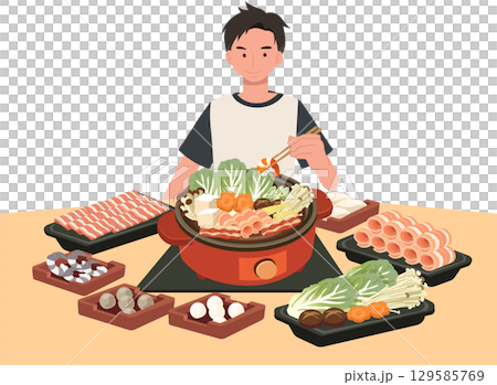 man enjoying japanese sukiyaki buffet with sliced beef fresh vegetables tofu and mushrooms cooking in a hot pot at a cozy dining table 129585769
