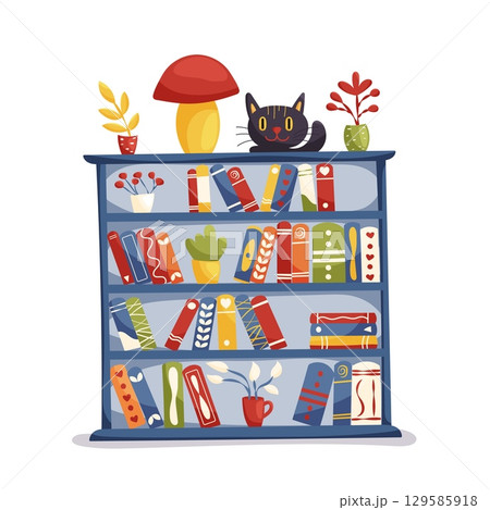 School bookshelf with books and decorations 129585918
