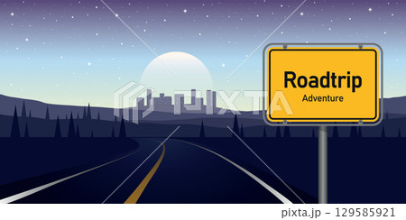 road trip adventure in night landscape with cityview vector illustration 129585921