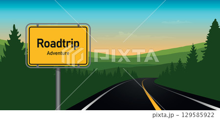 road trip adventure in the forest in mountain landscape vector illustration road trip adventure in the forest in mountain landscape vector illustration 129585922