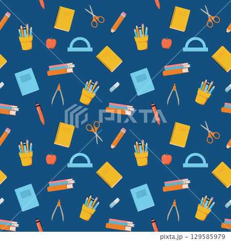 Back to school vector seamless pattern. Background with stationery 129585979