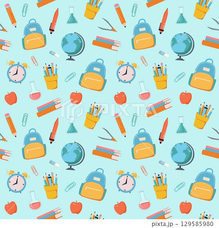 Back to school vector seamless pattern. Background with stationery, globe, clock Back to school vector seamless pattern. Background with stationery, globe, clock 129585980