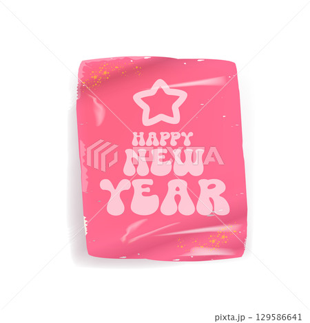 happy New year groovy aesthetic sticker design isolated on white background. New year day motto sticker, tag, retro label, banner, ribbon, label png with quote. New year text banner 129586641