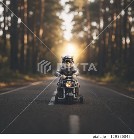 夕日を背にバイクに乗る猫 擬人化 夕日を背にバイクに乗る猫 擬人化 129586842