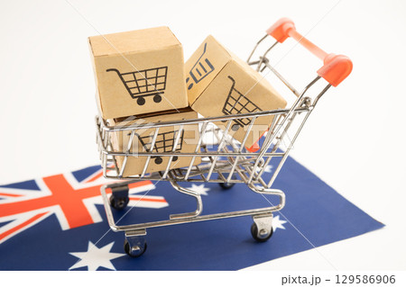 Australia shopping, Shopping cart box on Venezuala flag, import export, finance commerce. 129586906