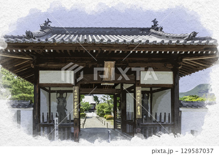 水彩画風　四国八十八箇所72番　曼荼羅寺　仁王門　香川県善通寺市 129587037