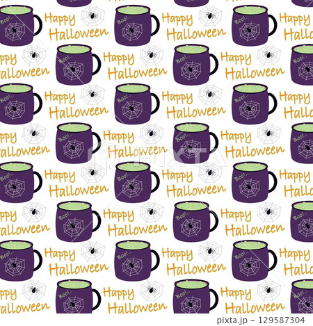 Happy Halloween letters spider on web and Mug with Green potion Seamless Pattern Halloween Backdrop Happy Halloween letters spider on web and Mug with Green potion Seamless Pattern Halloween Backdrop 129587304