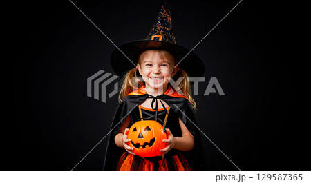 Adorable smiling girl with pigtails in a pumpkin witch costume, holding a jack-o-lantern bucket for Halloween 129587365