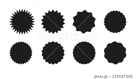 Vintage flat labels isolated. Star burst shape tags for price, shops. Black circle sticker set. Wavy edge promo black badges. Sale stickers collection, simple silhouette. Vector illustration. Vintage flat labels isolated. Star burst shape tags for price, shops. Black circle sticker set. Wavy edge promo black badges. Sale stickers collection, simple silhouette. Vector illustration. 129587388