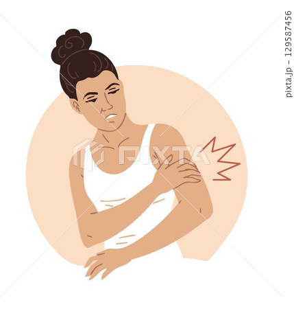 Woman holding shoulder in pain, rotator cuff injury 129587456