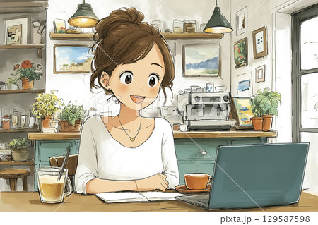 美優シリーズ：カフェでノートPCを使い生成AIアートを制作する若い女性 ワーク＆クリエイティブシーン 129587598