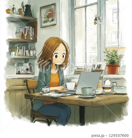 カフェでノートPCを使い生成AIアートを制作する若い女性 — おしゃれなワーク＆クリエイティブシーン 129587600