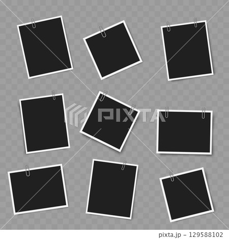 Set of Blank Photo Frames with Clips. Realistic Mockup. Vector 129588102