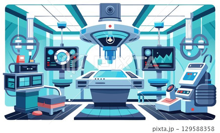 A detailed rendering of a futuristic operating room, with its advanced medical technology and sleek design, offers a captivating image suitable for science fiction films, medical journals showcasing 129588358
