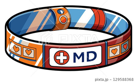 A detailed close-up of a medical ID bracelet reveals the vital patient information engraved or imprinted, creating a clear and informative image suitable for medical publications, healthcare websites A detailed close-up of a medical ID bracelet reveals the vital patient information engraved or imprinted, creating a clear and informative image suitable for medical publications, healthcare websites 129588368