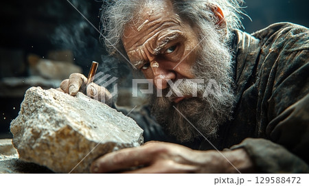 elderly craftsman focuses intently as he chisels block of stone in dimly lit workshop. Dust particles float in air illuminated soft light highlighting his deep concentration. elderly craftsman focuses intently as he chisels block of stone in dimly lit workshop. Dust particles float in air illuminated soft light highlighting his deep concentration. 129588472