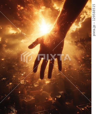 hand extends vibrant explosion of light and color above bustling city enveloped in dramatic clouds sunset creating striking contrast urban landscape. 129588515