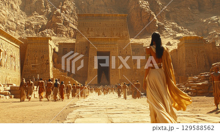 large group of people walks in procession majestic ancient temple nestled in desert valley bright midday sun. stone walls are intricately carved. 129588562