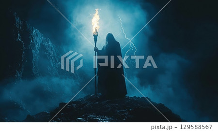 cloaked figure stands in dimly lit cave holding torch emits flickering flame. Lightning flashes from above illuminating rocky surroundings and creating eerie atmosphere. 129588567