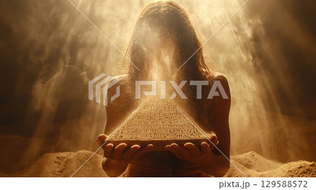 In mystical setting figure holds pyramid shaped artifact covered in inscriptions. Dust swirls around creating magical atmosphere in low light. In mystical setting figure holds pyramid shaped artifact covered in inscriptions. Dust swirls around creating magical atmosphere in low light. 129588572