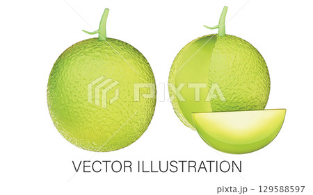 Realistic 3D Honeydew Melon Set: Whole and Halved Illustration with Transparent Background Realistic 3D Honeydew Melon Set: Whole and Halved Illustration with Transparent Background 129588597