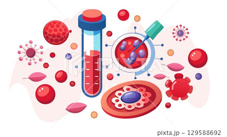 A captivating microscopic image of a blood test sample, revealing the detailed structure of blood cells and other components, offers a clear and detailed visualization of blood composition, suitable 129588692