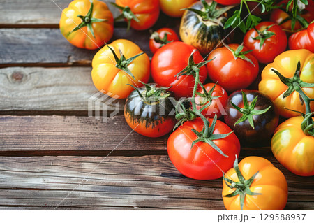 Fresh assorted tomatoes in vibrant colors arranged on rustic wooden surface, showcasing natural textures and organic farming produce for culinary use 129588937