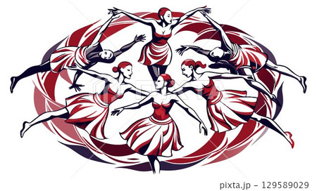 A detailed close-up of dancers in a circle dance reveals the intricate details of their movements, their expressions, and the overall grace and precision of their performance, creating a high-quality 129589029